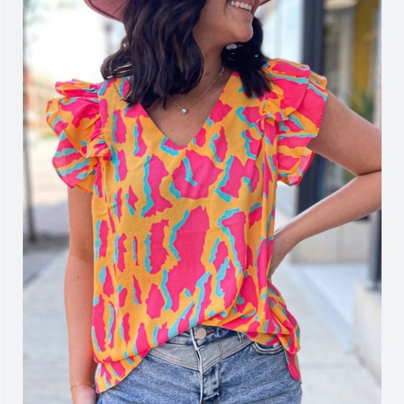 Jodifl Orange Abstract Ruffle Sleeve Neon Blouse - Picture 2 of 5